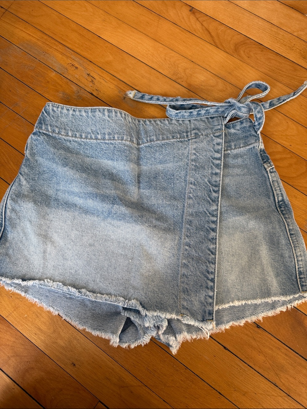 Free People Light Blue Denim Wrap Skort with Frayed Hem
